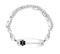 JunyiDIY Type 2 Diabetes Medical Alert Bracelet - Stainless Steel Double Chain with Black Medical Symbol - Stylish and Functional Emergency ID Jewelry for Teen Boy