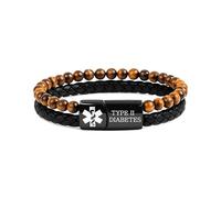 JunyiDIY TYPE 2 DIABETES Medical ID Bracelet for Brother, Dual Chain with Tiger Eye & PU Leather, Emergency Health ID for Quick Medical Attention