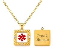 JunyiDIY Type 2 Diabetes Medical Necklace with Red Icon, Gold Square Waterproof Stainless ID Chain with CZ, Gift for Daughter Son Brother Sister Birthday YA5219