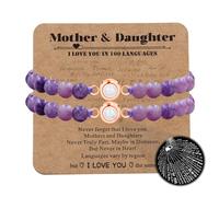 JunyiDIY Unlock Love's Secrets with This Round Projection Bracelet: Handmade Amethyst Beads & 100 Languages 'I Love You', Perfect for Mother-Daughter Bond, Sold in Pairs(Rose Gold)