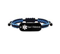 JunyiDIY Waterproof T1D Medical Alert Bracelet, Custom Blue Black Rope Type 1 Diabetes Identification Laser Engraved for Sons Dads Emergency Medical ID YS5833