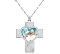 JunyiDIY White Iced Out Pope Francis Heart Cross Necklace, Christian Bling Pendant for Dad and Mom's Christmas Gift Spiritual Blessing YA5957