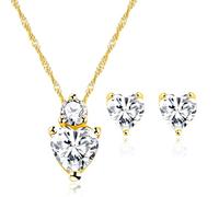 JunyiDIY White Zircon Heart Pendant Earrings Necklace Set, Eternal Love Gold-plated Chain for Girlfriend Girl Valentine's Day Gift