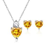 JunyiDIY Yellow Heart-shaped Zircon Pendant Necklace Earrings Set, Suitable for Women and Girls To Wear Anniversary Jewelry Gifts