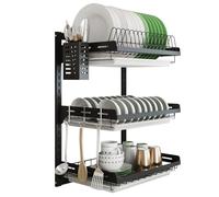 junyuan Hanging Dish Drying Rack Wall Mount Dish Drainer,3 Tier Kitchen Plate Bowl Spice Organizer Storage Shelf Holder with Drain Tray With 3 hooks,Stainless steel black coating (3 tier, 21.8)