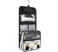 junzan Blue Beige Crosshatch Hanging Toiletry Bag for Women & Men Travel Cosmetic Bag with Hook Family Makeup Organizer, Blue Beige Crosshatch, 18.5"(Unfold) x 9" W x 4" H, Colorful
