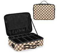 junzan Camel Plaid Large Makeup Organizer Bag Travel Makeup Train Case Flat Make Up Artist Case with Dividers and Adjustable Strap, camel, 14.6 x 10.6 x 4.7 inches, Colorful