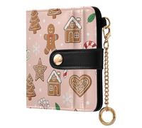 JUNZAN Christmas Gingerbread Small Wallets for Women Slim Woman Keychain Wallet Bifold Card Holder Case with Zipper Coin Pocket RFID Blocking Pink