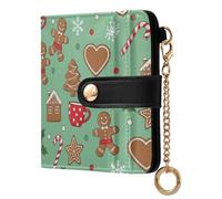 JUNZAN Christmas Gingerbread Small Wallets Woman Slim Keychain Wallet for Women Bifold Card Holder Case with Zipper Coin Pocket RFID Blocking Mint Green