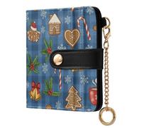 JUNZAN Christmas Plaid Gingerbread Small Wallets Woman Slim Keychain Wallet for Women Bifold Card Holder Case with Zipper Coin Pocket RFID Blocking Blue