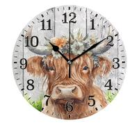 JUNZAN Clock Cute Highland Cow Wearing Flower Crown Watercolor Bathroom Wall Clock for Indoor Decor No Ticking 10 Inch Round Small Clock for Hospital Classroom Home Living Room