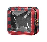 junzan Cream Checked Transparent Makeup Bag Toiletry Bag Skin Care Bag for Flying, Red and Blue., 5.1 x 2.2 x 4.7 inches, Colorful, Red and Blue., 5.1 x 2.2 x 4.7 inches, Colorful