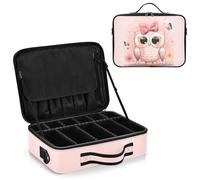 junzan Cute Owls Light Pink Large Makeup Organizer Bag Travel Makeup Train Case Flat Make Up Artist Case with Dividers and Adjustable Strap, Mustard Yellow05, 14.6 x 10.6 x 4.7 inches, Colorful