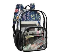 JUNZAN Elegant Flowers Clear Backpack For Girls Women Transparent Bookbag 15.7" See Through Backpacks for School Royal Blue