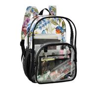 JUNZAN Floral with Birds Clear Backpack For Girls Women Transparent Bookbag 15.7" See Through Backpacks for School Purple Blue