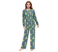 JUNZAN Frog Doing Yoga on Skull Pajamas for Women Long Sleeve Top & Bottom Sleepwear Set Couple Nightwear XXS, Various Funny Frogs Artist Princess, Large