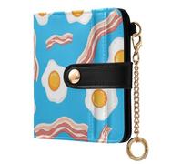 JUNZAN Funny Fried Eggs and Bacon Small Wallets Woman Slim Keychain Wallet for Women Bifold Card Holder Case with Zipper Coin Pocket RFID Blocking Light Blue