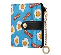 JUNZAN Funny Fried Eggs Bacon Small Wallets Woman Slim Keychain Wallet for Women Bifold Card Holder Case with Zipper Coin Pocket RFID Blocking Blue