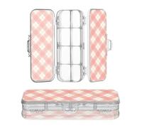JUNZAN Gingham Clear Pencil Box Double Layer Hard Pens Case Boxes For Stationery Supplies With Snap Lid Coral Pink