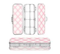 JUNZAN Gingham Plaid Clear Pencils Box Double Layer Transparent Pens Case For Kids With Snap And Lid Magenta
