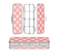 JUNZAN Gingham Plaid Plastic Pencil Box Clear Double Layer Storage Pens Case For Craft Art With Lid Red