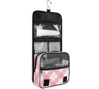 junzan Hanging Toiletry Bag for Women Men Gingham Plaid Travel Cosmetic Bag with Hook Family Makeup Organizer Magenta, Magenta, 18.5"(Unfold) x 9" W x 4" H, Colorful