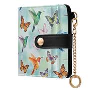 JUNZAN Hummingbirds and Butterflies Small Wallets Woman Slim Keychain Wallet for Women Bifold Card Holder Case with Zipper Coin Pocket RFID Blocking Watercolour