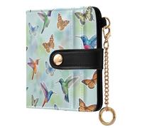 JUNZAN Hummingbirds and Butterflies Small Wallets Woman Slim Keychain Wallet for Women Bifold Card Holder Case with Zipper Coin Pocket RFID Blocking