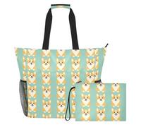 JUNZAN Large Capacity Water Resistant Beach Tote Bag With Multiple Pockets | Side Mesh Pockets Large Capacity Tote Bag Travel Trip Cute Dog Puppy Blue