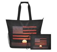 JUNZAN Multi Pocket Beach Tote Bag Side Mesh Pockets For Halloween Party | EVA Lined Wet Item Pocket Large Capacity Tote Bag Daily Shopping America Flag Fisher