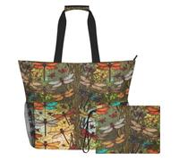 JUNZAN Multi Pocket Beach Tote Bag Side Mesh Pockets For Halloween Party | Lightweight Weave Multi Pocket Beach Purse Swimming Pool Stained Glass Dragonflies