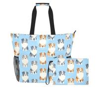 JUNZAN Multi Pocket Beach Tote Bag Side Mesh Pockets For Halloween Party | Side Mesh Pockets Water Resistant Beach Bag Holiday Gathering Blue Merle Aussie