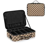 junzan Plaid Check Camel Large Makeup Organizer Bag Travel Makeup Train Case Flat Make Up Artist Case with Dividers and Adjustable Strap, Camel02, 14.6 x 10.6 x 4.7 inches, Colorful
