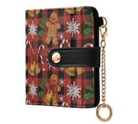 JUNZAN Plaid Christmas Gingerbread Small Wallets Woman Slim Keychain Wallet for Women Bifold Card Holder Case with Zipper Coin Pocket RFID Blocking Red