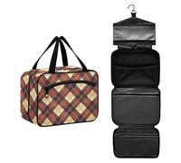 JUNZAN Plaid Marigold Hanging Travel Toiletry Bag for Women Toiletry Bags with Hook Makeup Organizer Mahogany, mahogany02, 10.8" x 8" x 5.5", Colorful