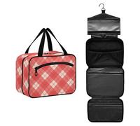 JUNZAN Red Hanging Travel Toiletry Bag for Women Toiletry Bags with Hook Makeup Organizer Gingham Plaid, Ruby Red_3, 12.6" x 9" x 5.7", Colorful