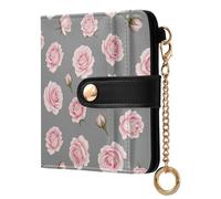JUNZAN Roses in Grey Small Wallets Woman Slim Keychain Wallet for Women Bifold Card Holder Case with Zipper Coin Pocket RFID Blocking