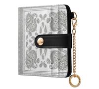 JUNZAN Sliver Grey Small Wallets Woman Slim Keychain Wallet for Women Bifold Card Holder Case with Zipper Coin Pocket RFID Blocking Paisley