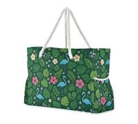 JUNZAN Tropical Flamingos Beach Tote Bag with Handles Swim Pool Bag Beach Totes Bags for Women with Waterproof Pockets Green