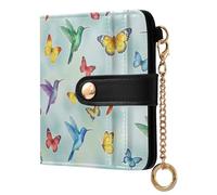 JUNZAN Watercolour Hummingbirds Butterflies Small Wallets Woman Slim Keychain Wallet for Women Bifold Card Holder Case with Zipper Coin Pocket RFID Blocking