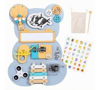 JunZheHub Children's Busy Board Interactive Wooden Busy Board Non-Electric Preschool Life Skills Game for Quiet Play, Classroom, Blue