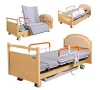Juodkeo 90° Rotating Low Electric Medical Bed with 20° Left/Right Turn, Oak Wood Headboard, Silent Wheels for Home Elderly Care