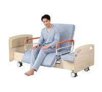 Juodkeo Adjustable ICU Electric Hospital Solid Wood Bed with 90° Rotating, with Backrest and Leg Lift Function, with Bouble-Sided Silent Brake Wheels