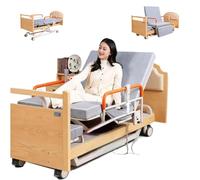 Juodkeo Full Lift Electric Remote Control Adjustable Multifunctional Solid Wood Hospital Wheelchair+Bed, Hospital ICU Bed with Foam Mattress, 90° Rotating