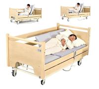 Juodkeo Fully Electric Nursing Solid Wood Bed, for Home Use with Medical Mattress, Adjustable Side Rails, Feeding Tray, IV Pole, Bedpan, Locking casters