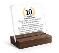 Juoqg Congratulations 10 Years Work Anniversary Acrylic Sign with Wooden Stand, 10 Year Plaque for Employee, Ten Years of Service Gifts for Staff Coworker, 10th Work Anniversary Plaque Gifts