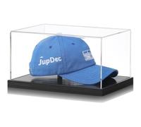JupDec Hat Display Case, Clear Acrylic Baseball Cap Display Box Stand, UV Protection Signed Hat Transparent Showcase with Solid Wood Base Risers & Hat Shaper, Ideal Gift for Caps Collector, Black