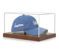 JupDec Hat Display Case, Clear Acrylic Signed Baseball Cap Display Box Stand, UV Protection Signed Hat Transparent Showcase with Solid Wood Base Risers & Hat Shaper, Ideal Gift for Caps Collector