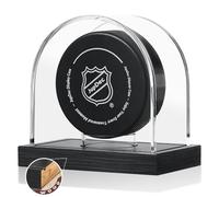 JupDec Hockey Puck and Collectibles Display Case, Premium Acrylic Clear Box Puck Holder with Mahogany Wood Base, Showcase for Autographed Souvenir Memorabilia, Collectible Figure Stand, Black