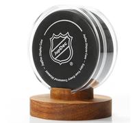 JupDec Hockey Puck Display Case Acrylic Clear Holder with Wood Base, Autograph Souvenir Display Stand, Perfect Showcase for Your Collection, 1 Pack